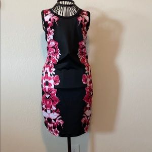 Black dress with fuschia flowers